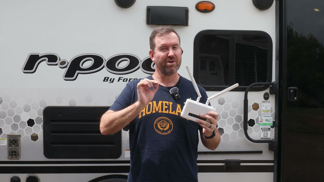 Chris holding the GL.iNet Spitz AX cellular router in front of an RV