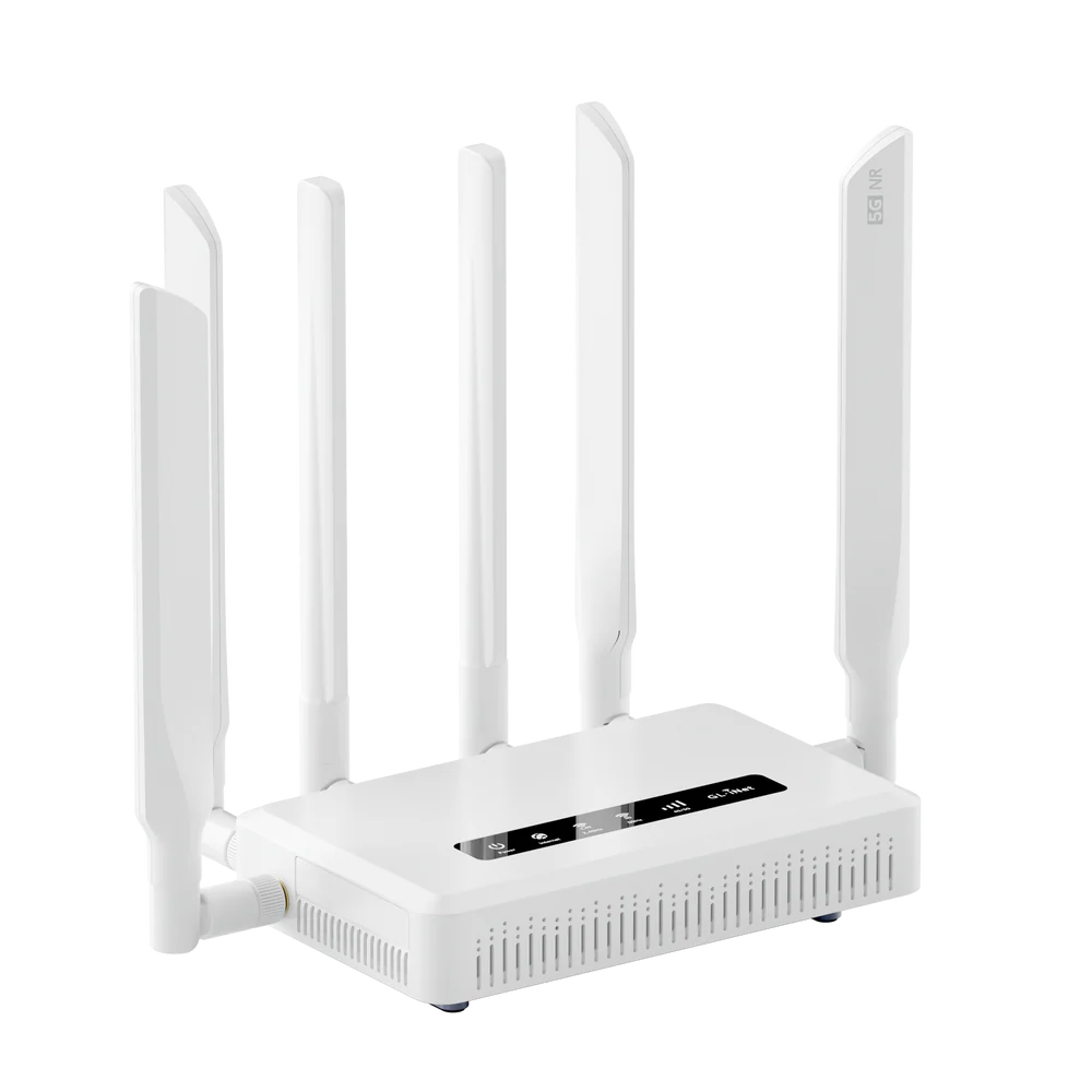 A white multi-antenna wireless router with five vertical antennas and a black status display panel on top, shown against a plain white background.