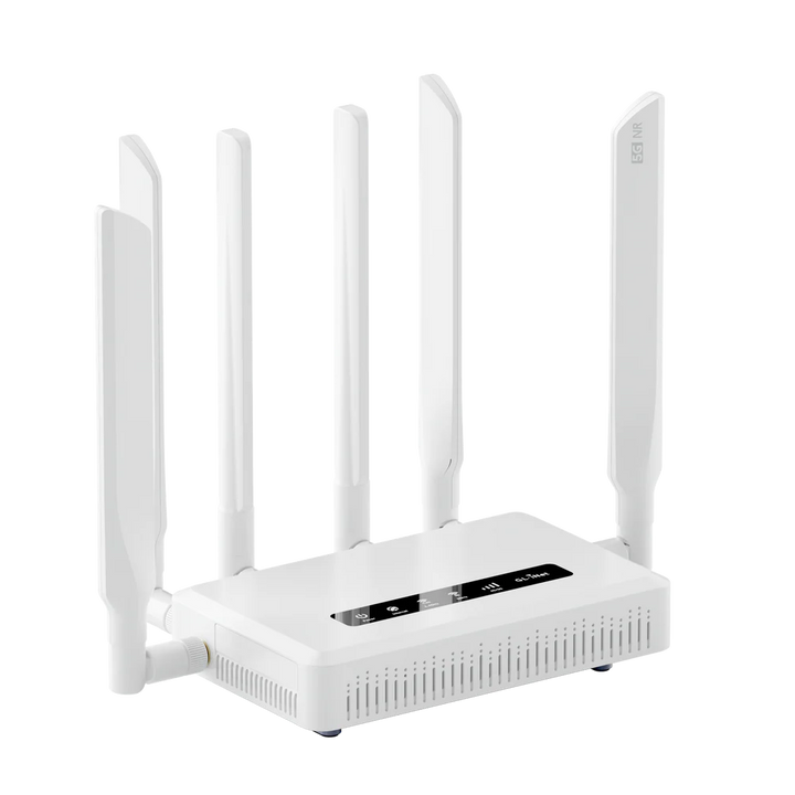 A white multi-antenna wireless router with five vertical antennas and a black status display panel on top, shown against a plain white background.