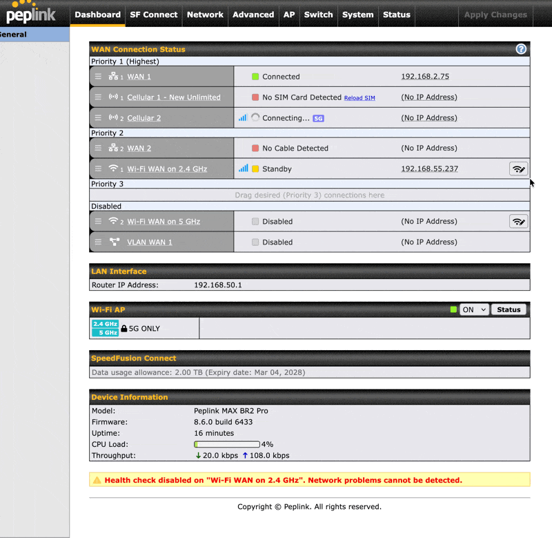 Setting the APN to iot.cc.static on a Peplink router's cellular WAN settings