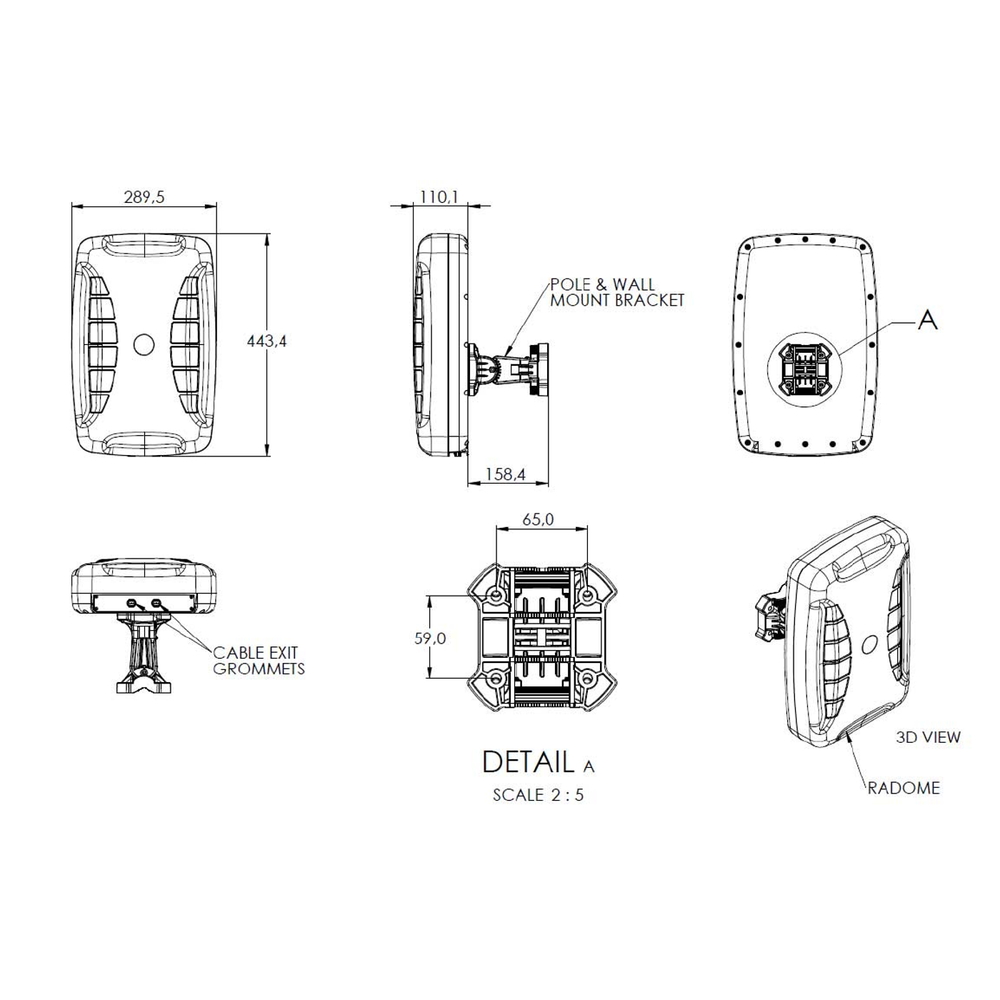 Poynting XPOL-24 dimension drawing: 290 x 444 x 110 mm housing with pole and wall mount bracket
