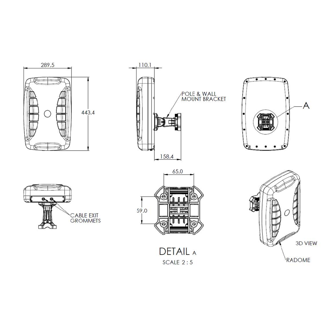 Poynting XPOL-24 dimension drawing: 290 x 444 x 110 mm housing with pole and wall mount bracket