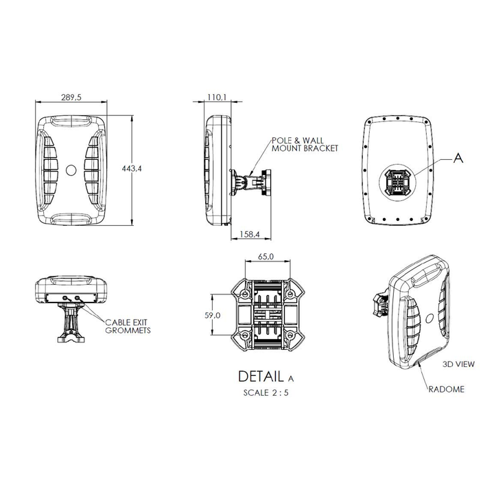 Poynting XPOL-24 dimension drawing: 290 x 444 x 110 mm housing with pole and wall mount bracket