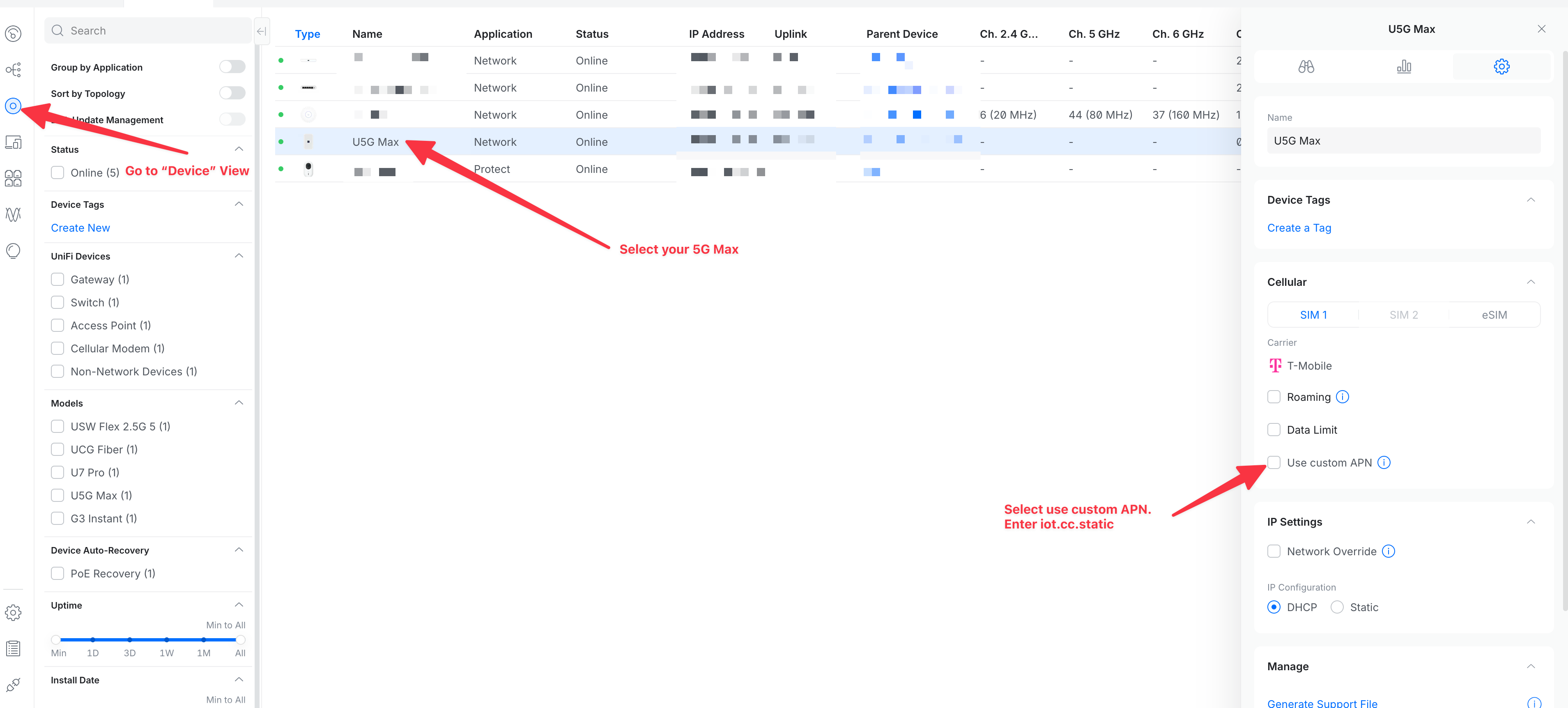 UniFi Network Devices view with a U5G Max selected and the Use custom APN option in its Cellular settings